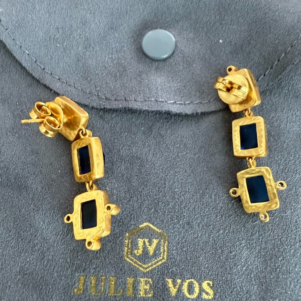 Julie Vos NWOT gold drop earrings with sapphire colored cut stones - Picture 6 of 6